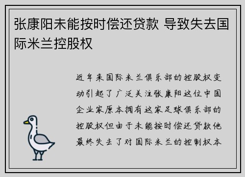 张康阳未能按时偿还贷款 导致失去国际米兰控股权 张康阳未能按时偿还贷款 导致失去国际米兰控股权